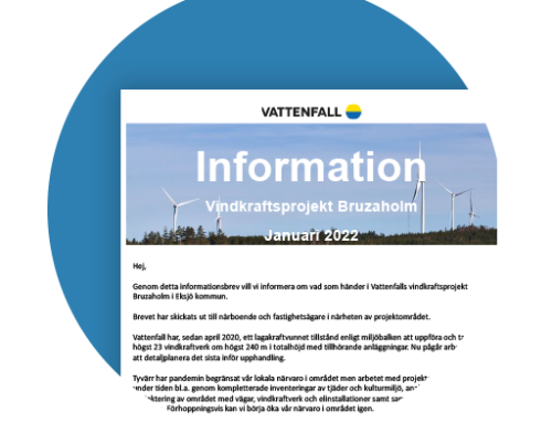 Informations brev fra Vattenfall januar 2022 vedrørende tidsplanen fremover for opførelsen af Vindkraftpark Bruzaholm.