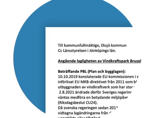 Skrivelse till kommunfullmäktige, Eksjö kommun och Länsstyrelsen i Jönköpings län. Angående lagligheten av Vindkraftspark Bruzaholm, skickad 2022-06-27